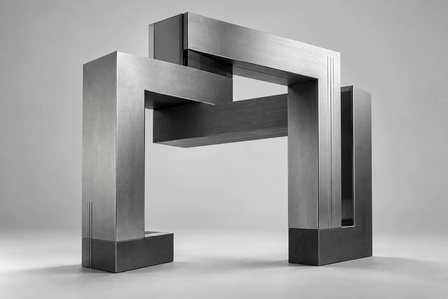 Escultura de módulos metálicos conectados, una representación de ingeniería e integración